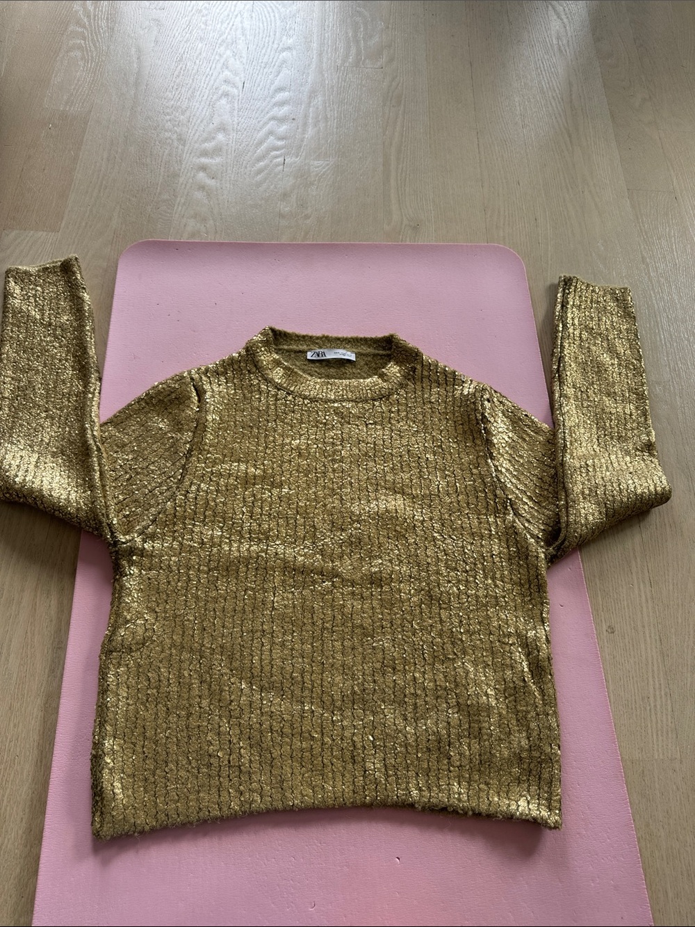 Zara Metallic Gold Ribbed Crew Neck Sweater